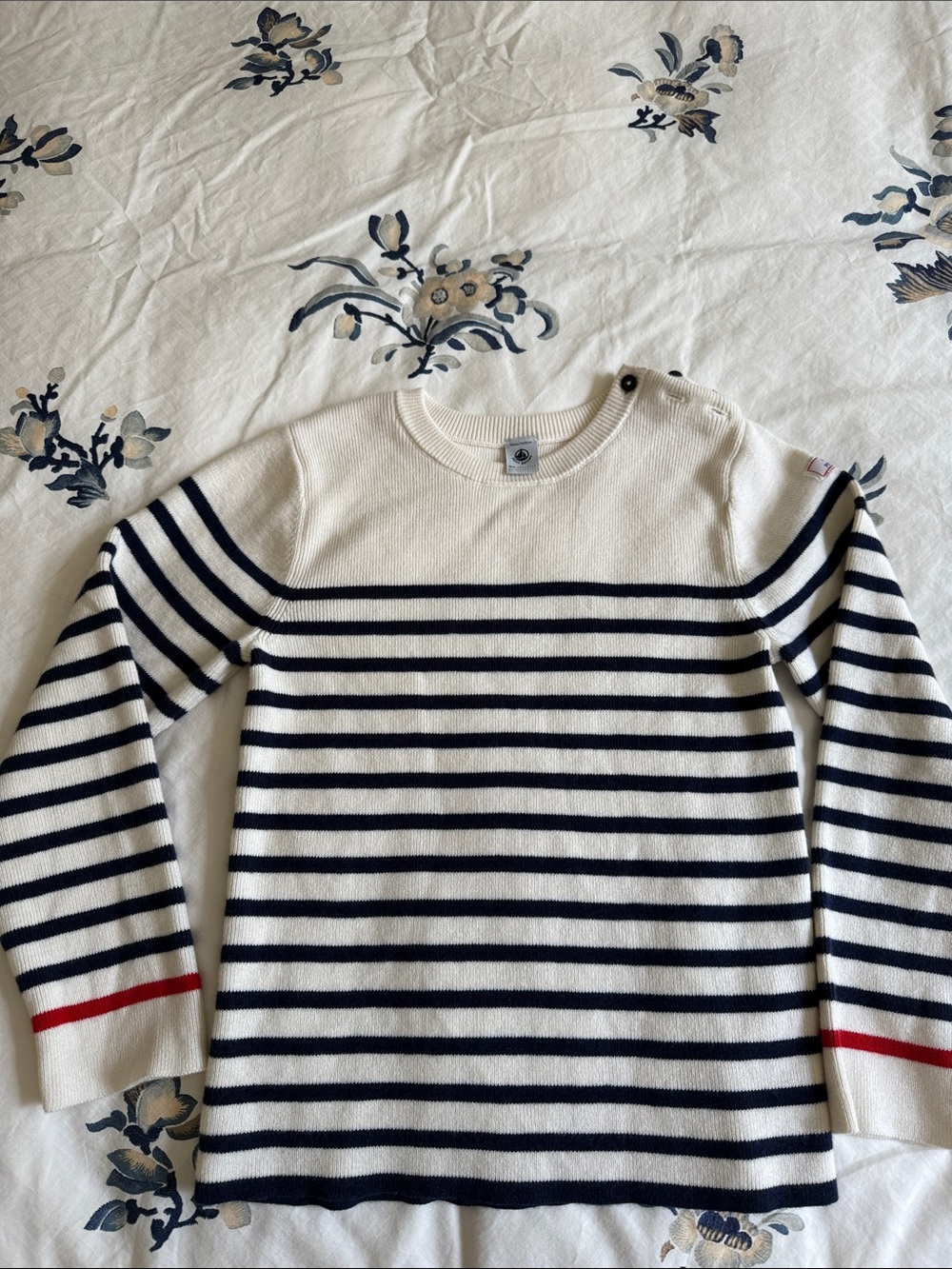 Petit Bateau White and Navy Striped Crewneck Sweater with Red Cuff Detail